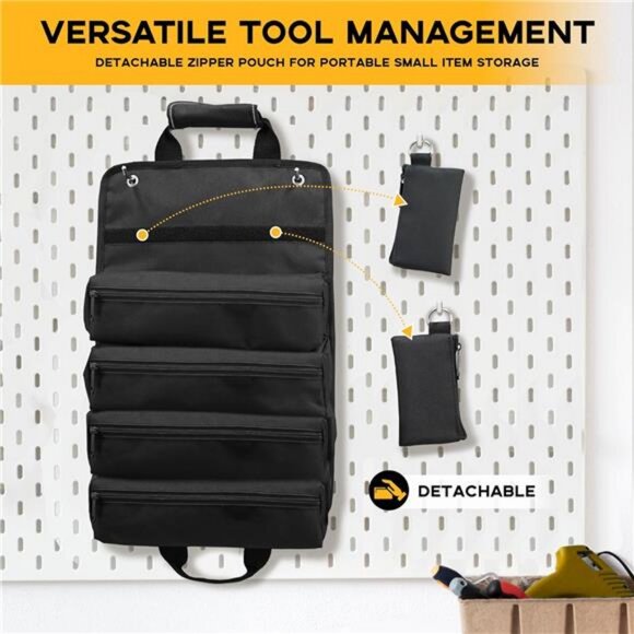 Heavy Duty Roll-Up Tool Bag with 2 Detachable Zipper Pouches, Compact - Picture 5 of 7